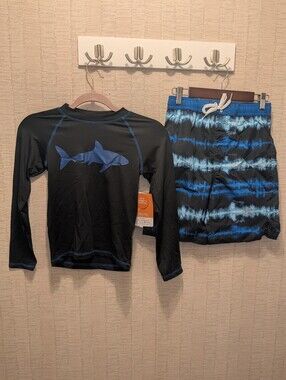 Boys Black & Blue Shark Rash Guard Set Big Chill 2-Piece UPF 50+ Long Sleeve
